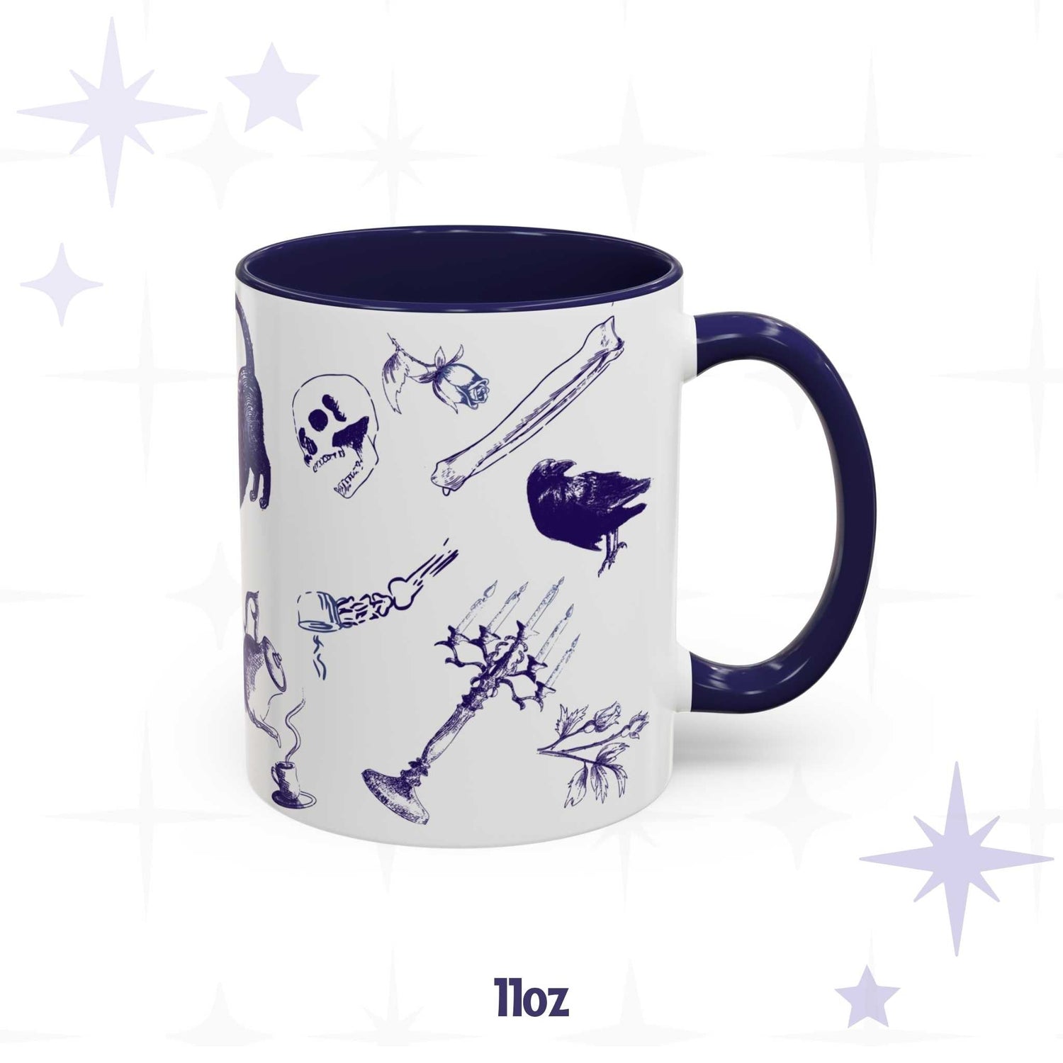 11 oz blue and white delft zombie icons pattern mug with a black cat, cracked skull, and thorny candelabra