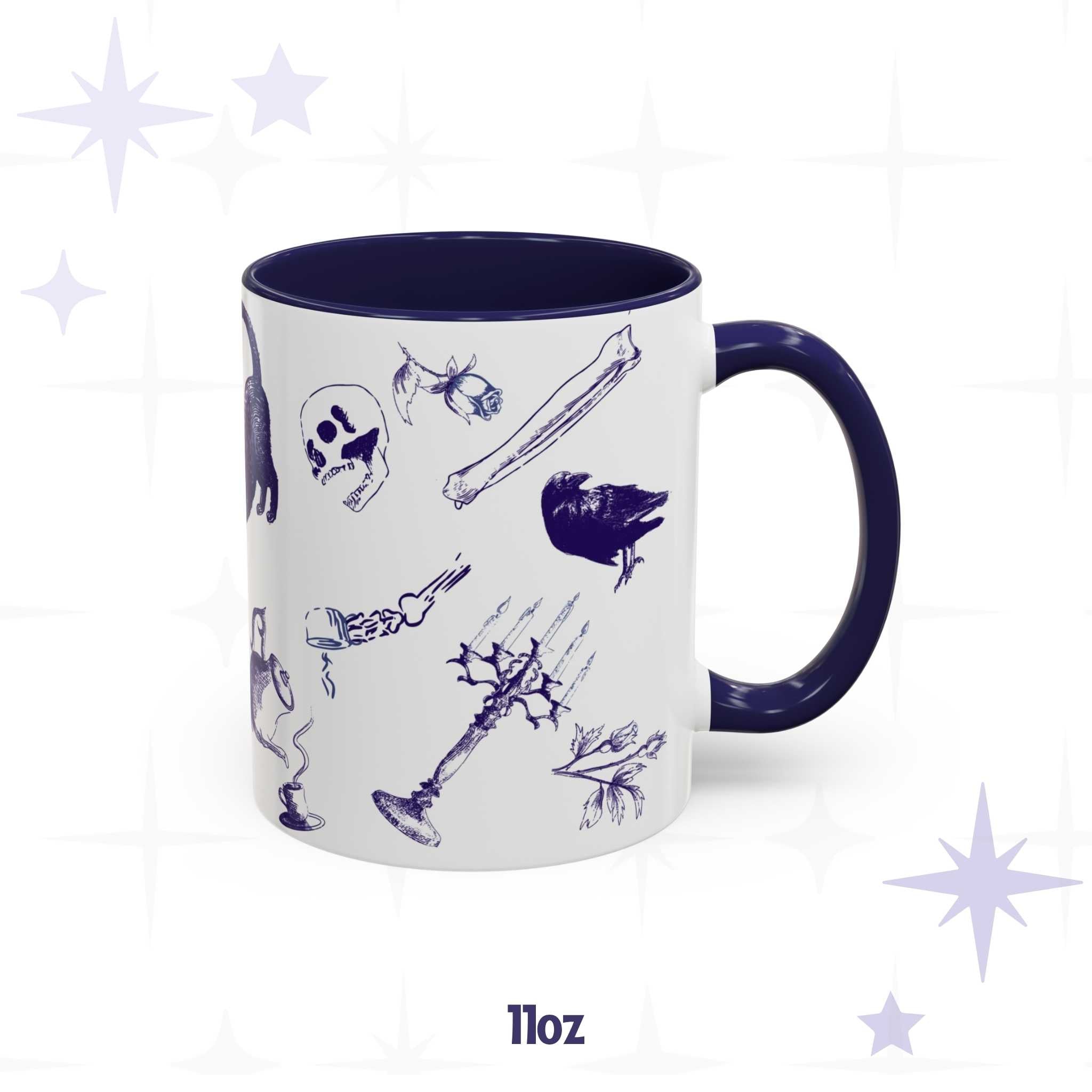 11 oz blue and white delft zombie icons pattern mug with a black cat, cracked skull, and thorny candelabra