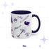 11 oz blue and white delft zombie icons pattern mug with a black cat, cracked skull, and thorny candelabra