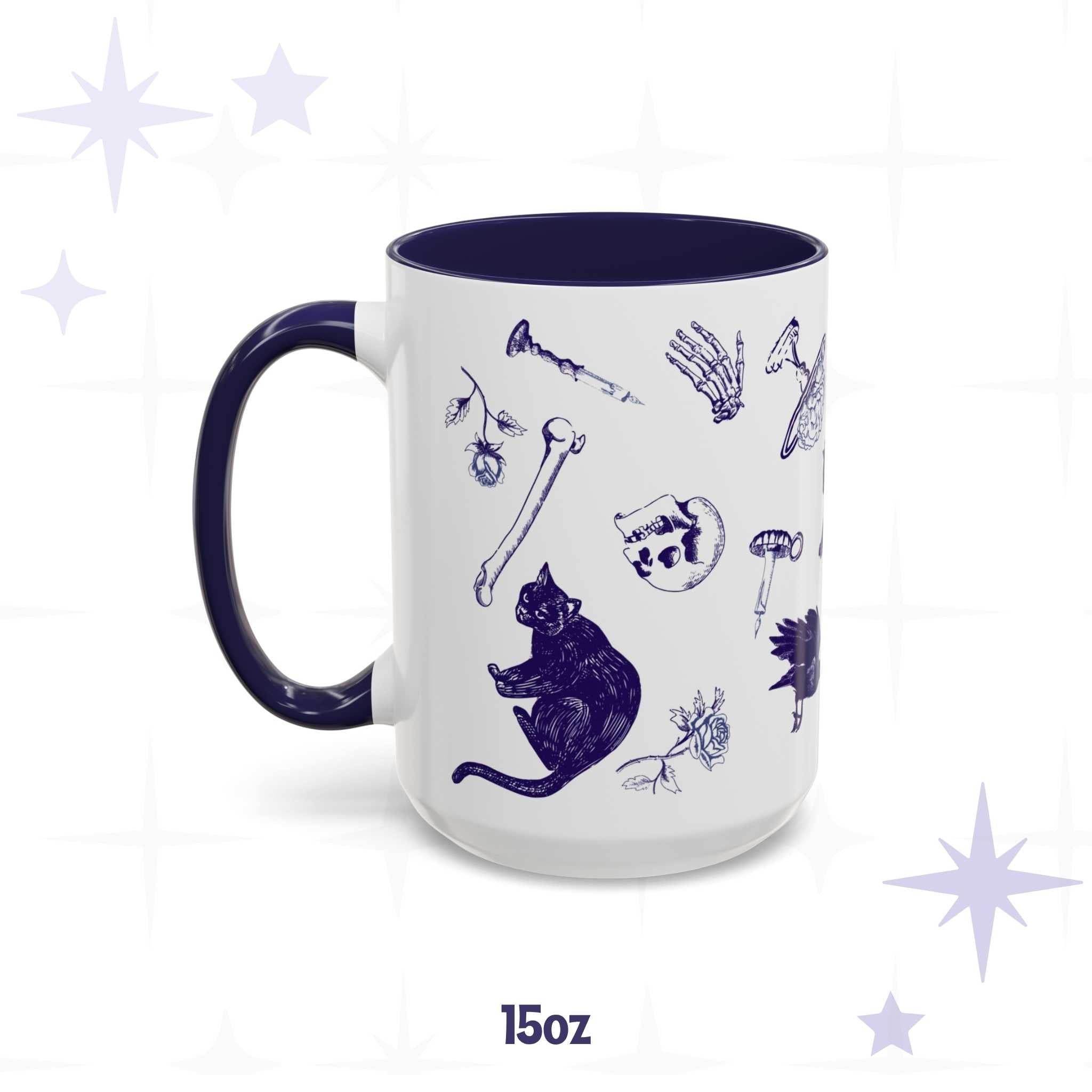 15 oz blue and white delft pattern mug with scattered skulls, femurs, black cats, and roses, navy interior