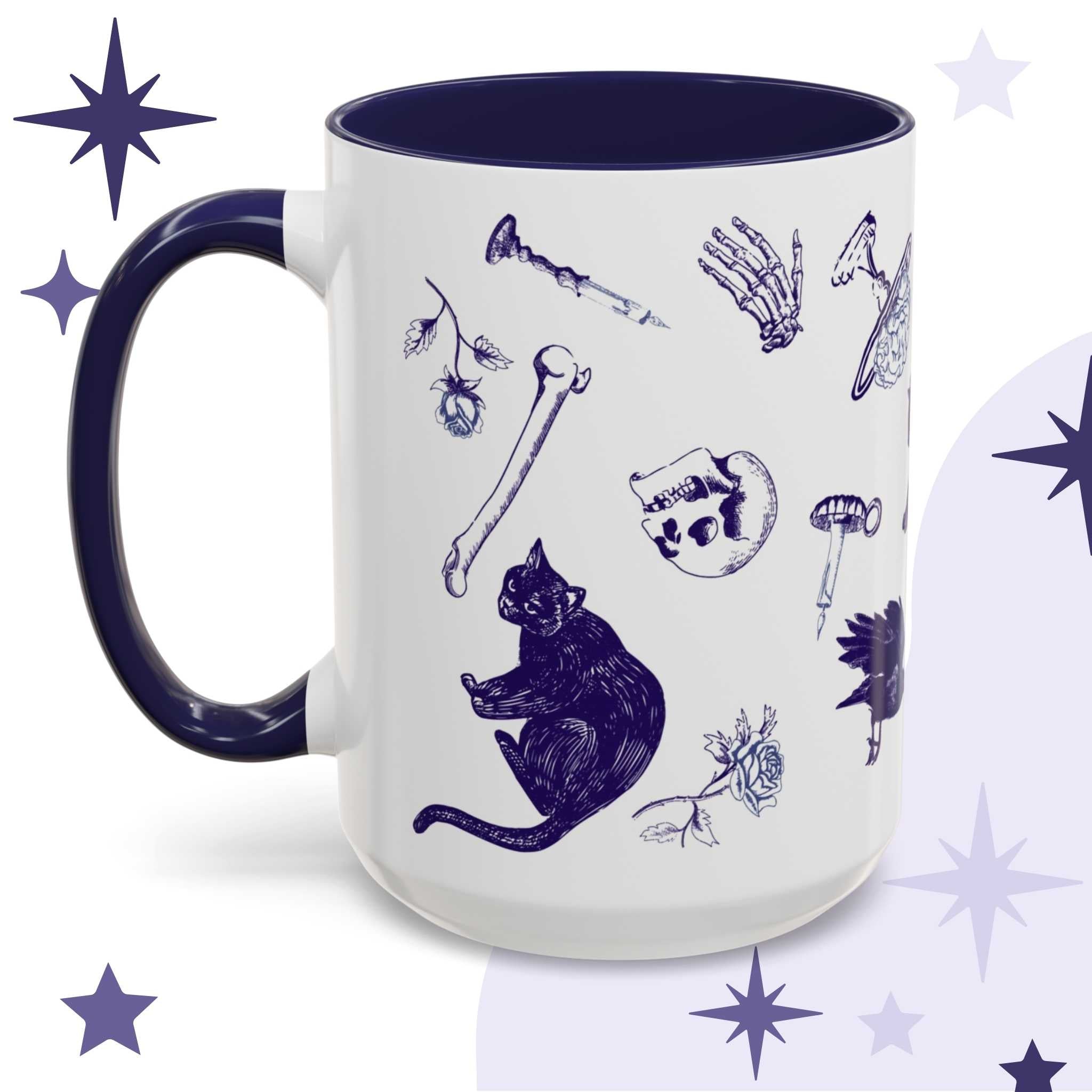 Blue and white delft pattern mug with scattered skulls, bones, black cats, and a raven in a ditsy layout
