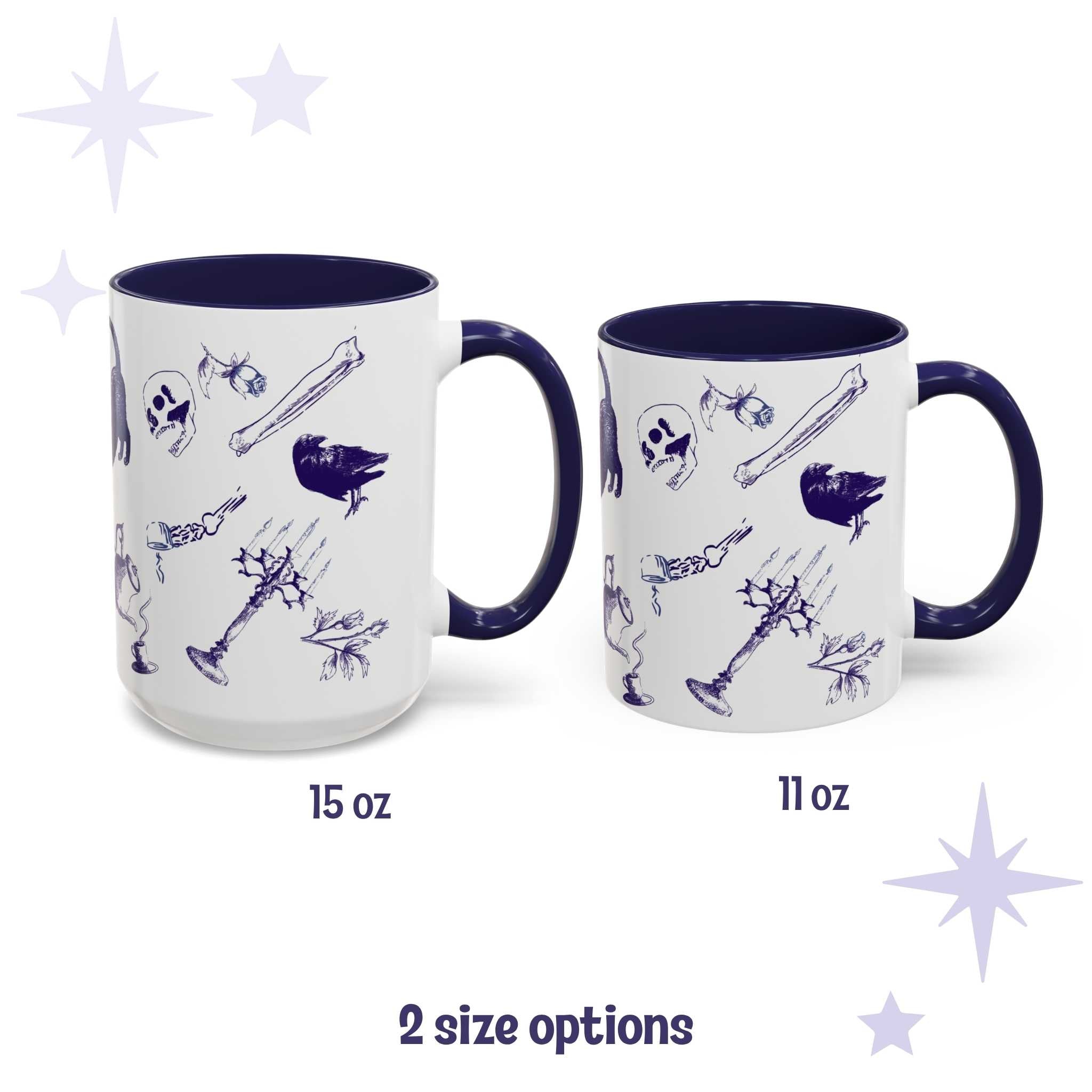 Blue and white delft pattern mugs in 15 oz and 11 oz sizes with scattered bones, skull, and raven