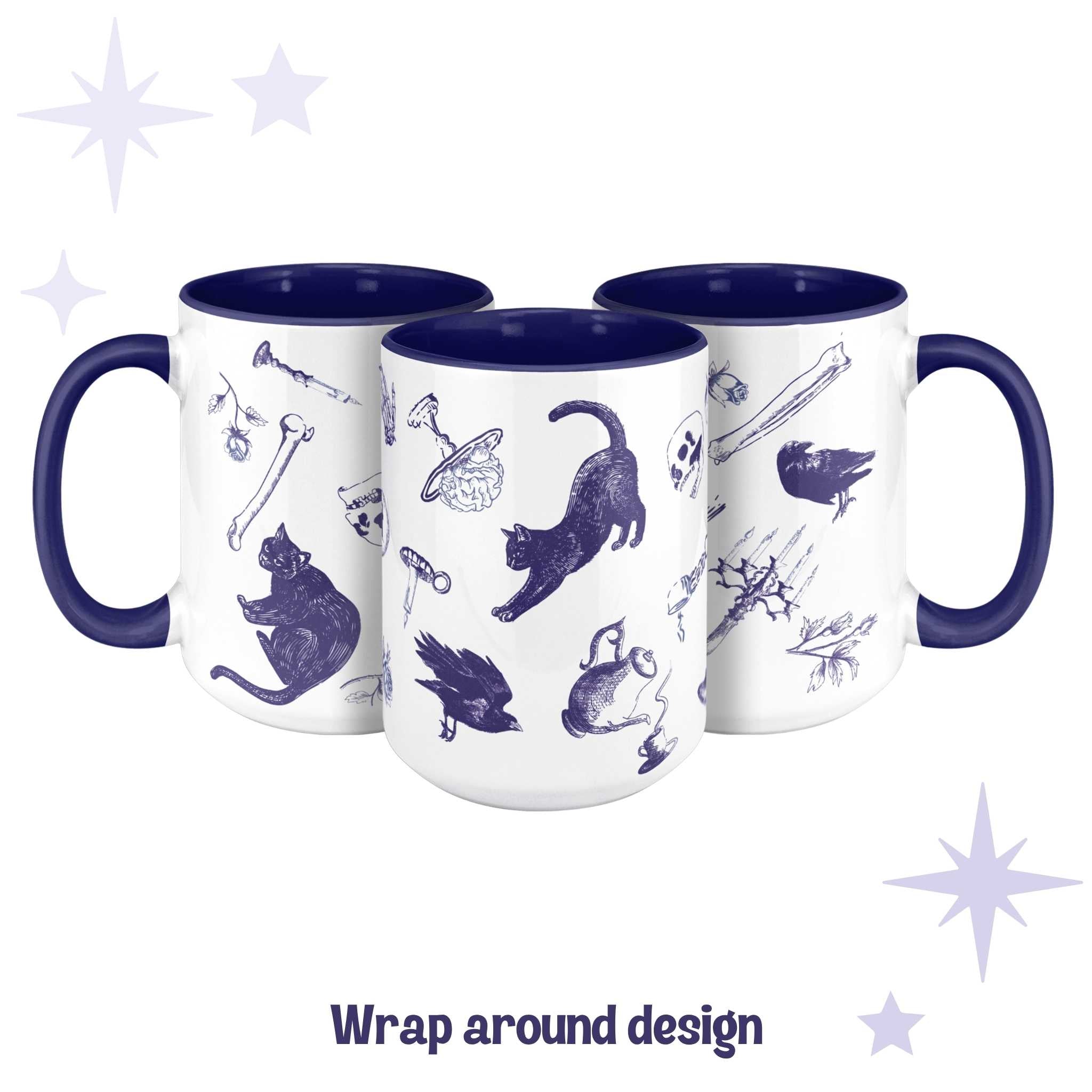 Three blue and white delft pattern mugs showing the full wrap-around zombie icons scatter design