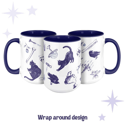 Three blue and white delft pattern mugs showing the full wrap-around zombie icons scatter design