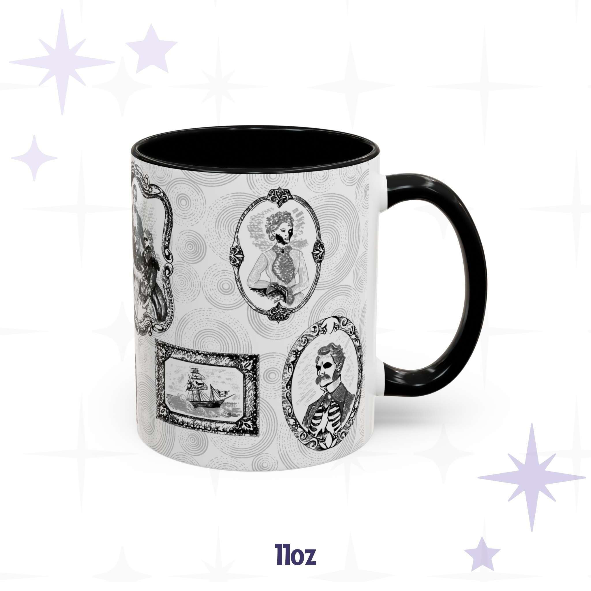 11 oz Victorian zombie portrait gallery mug with a jawless cameo lady, ribcage gentleman, and ghost ship