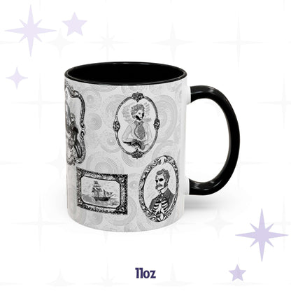 11 oz Victorian zombie portrait gallery mug with a jawless cameo lady, ribcage gentleman, and ghost ship