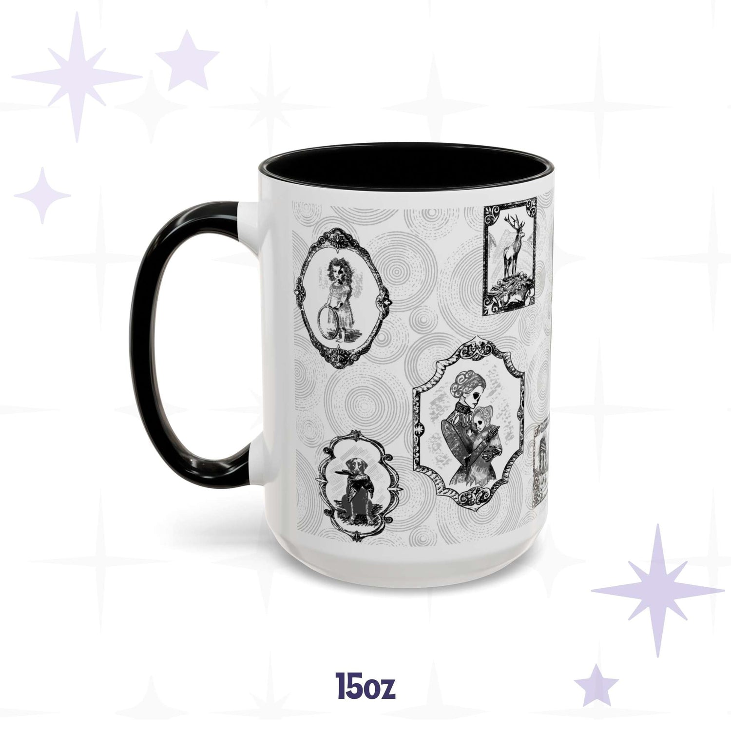 15 oz black and white gothic portrait mug with framed skeletal Victorian sitters and a stag on bones, black interior
