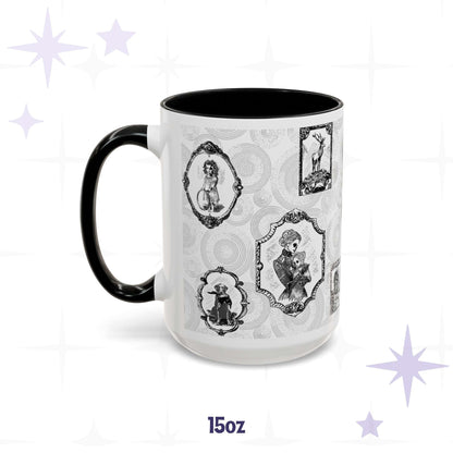 15 oz black and white gothic portrait mug with framed skeletal Victorian sitters and a stag on bones, black interior