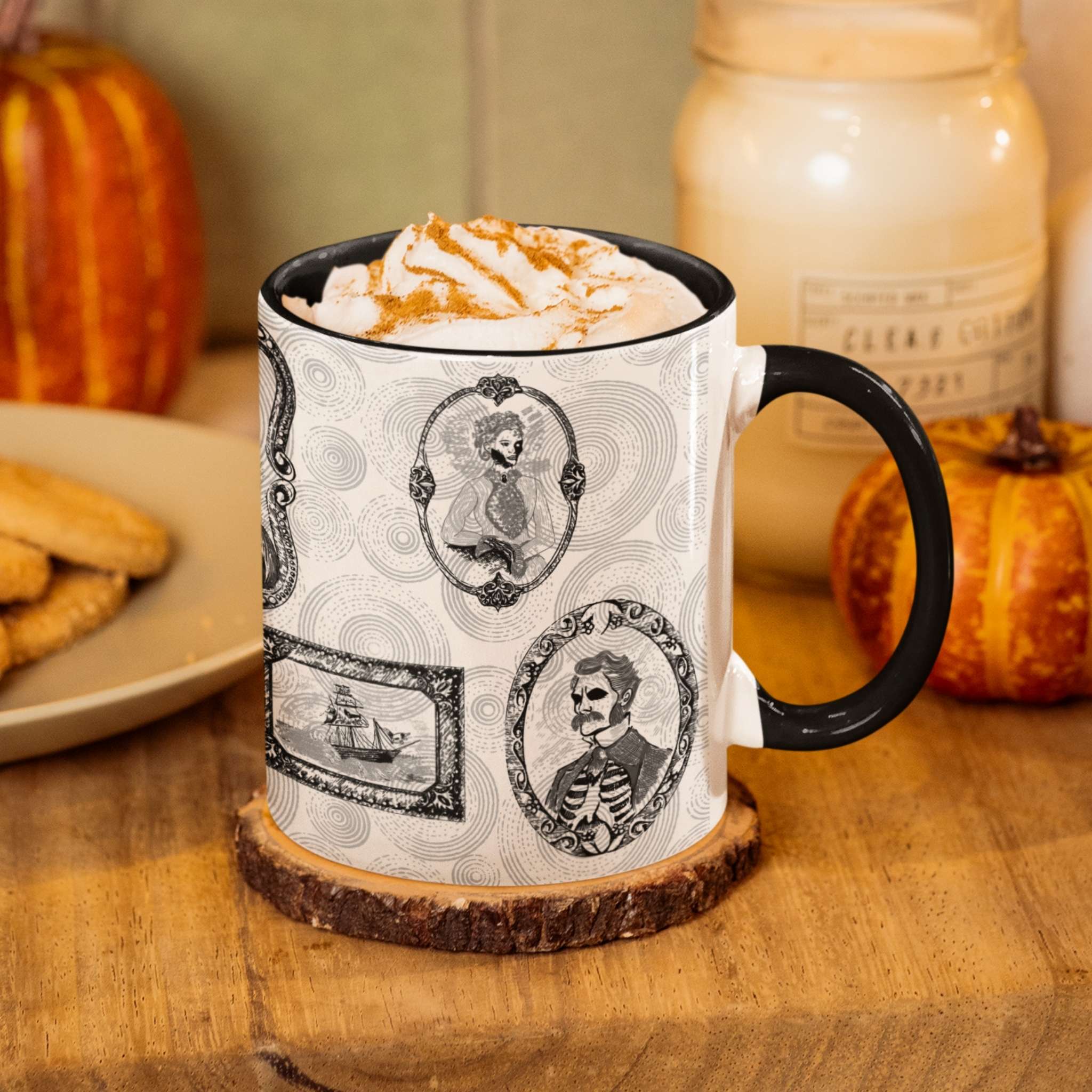 Gothic portrait mug of a pumpkin-spice latte on a wood coaster with fall decor and candles