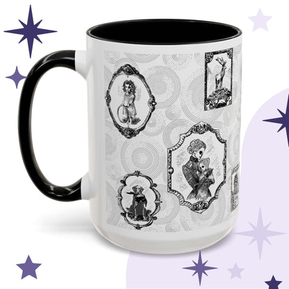 Black and white gothic portrait mug showing framed Victorian ancestors including a haunted girl, a stag on bones, and a raven-holding dog