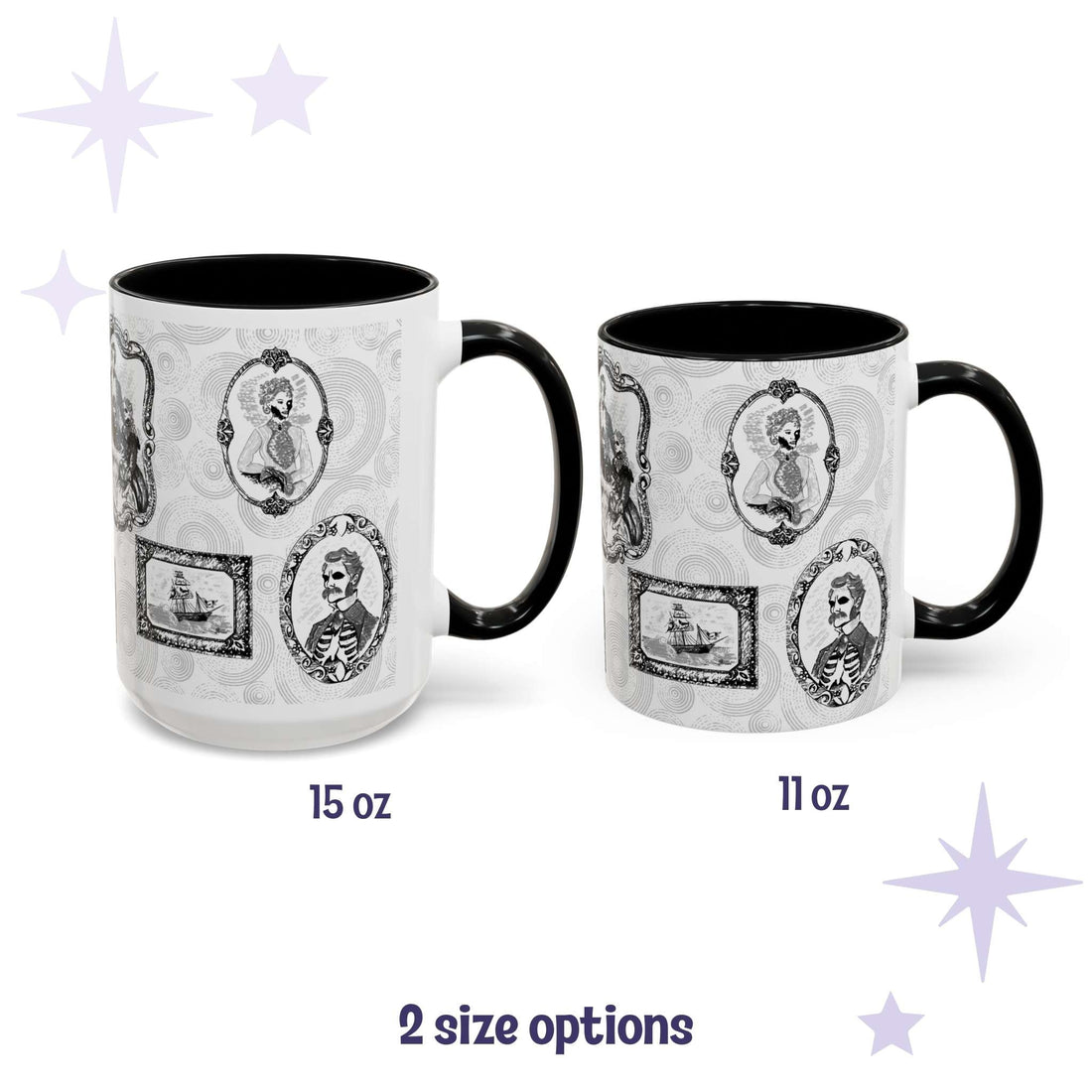 Black and white gothic portrait gallery mugs in 15 oz and 11 oz sizes with skeletal Victorian cameos and a ghost ship