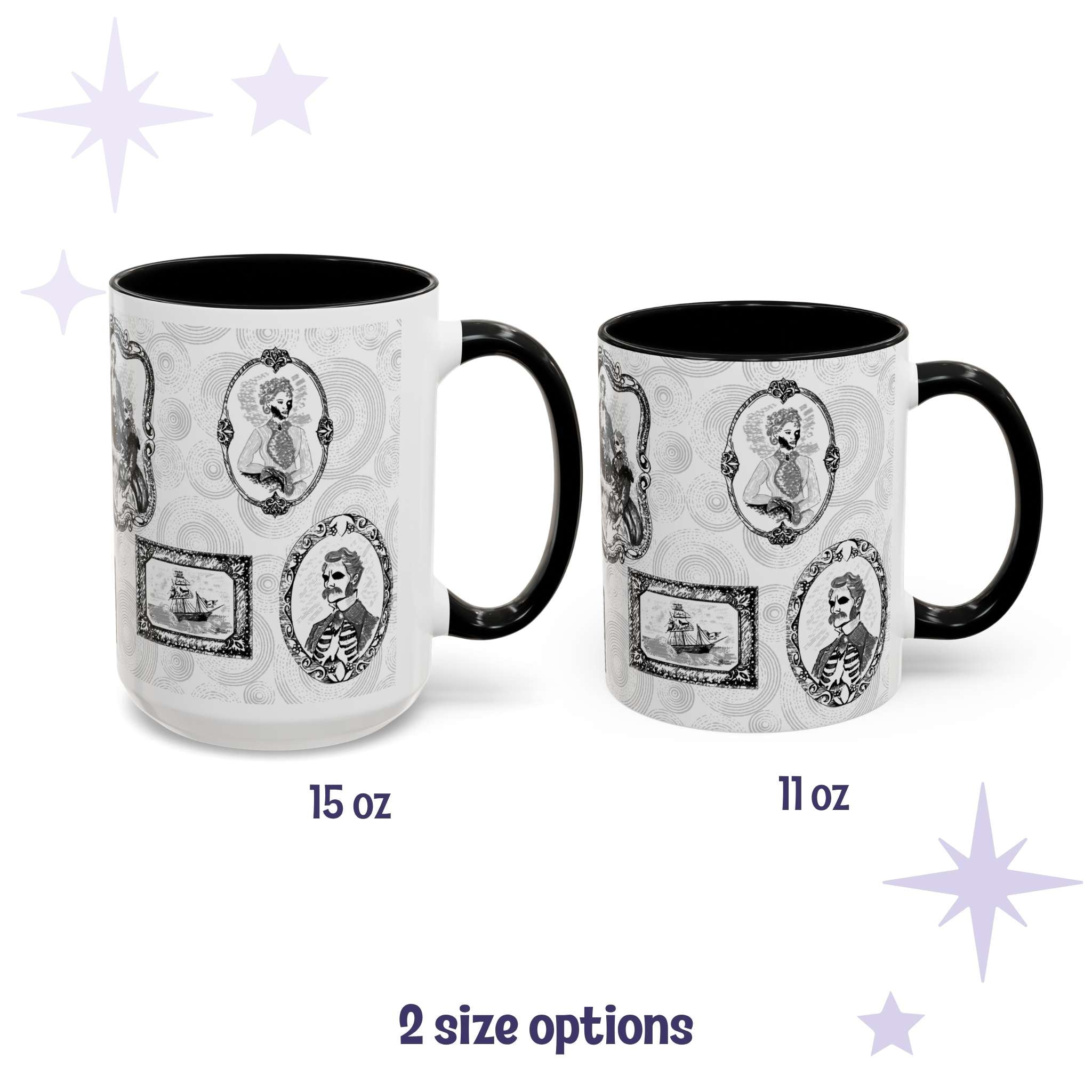 Black and white gothic portrait gallery mugs in 15 oz and 11 oz sizes with skeletal Victorian cameos and a ghost ship