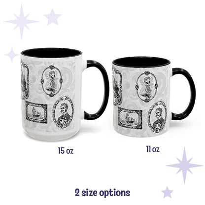 Black and white gothic portrait gallery mugs in 15 oz and 11 oz sizes with skeletal Victorian cameos and a ghost ship