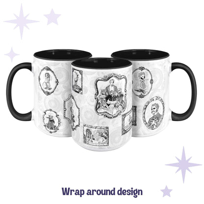 Three black and white gothic portrait mugs showing the full wrap-around zombie gallery design