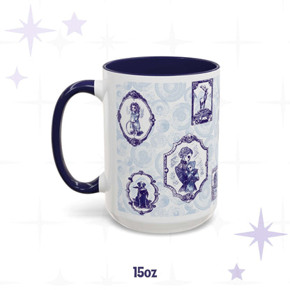 15 oz blue and white delft portrait mug with framed skeletal Victorian sitters and a stag on bones, navy interior