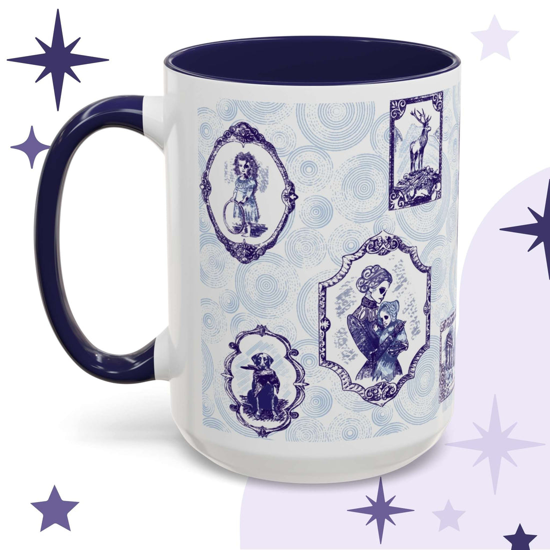 Blue and white delft portrait mug showing framed Victorian ancestors including a haunted girl, a stag on bones, and a raven-holding dog