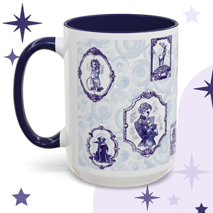 Blue and white delft portrait mug showing framed Victorian ancestors including a haunted girl, a stag on bones, and a raven-holding dog