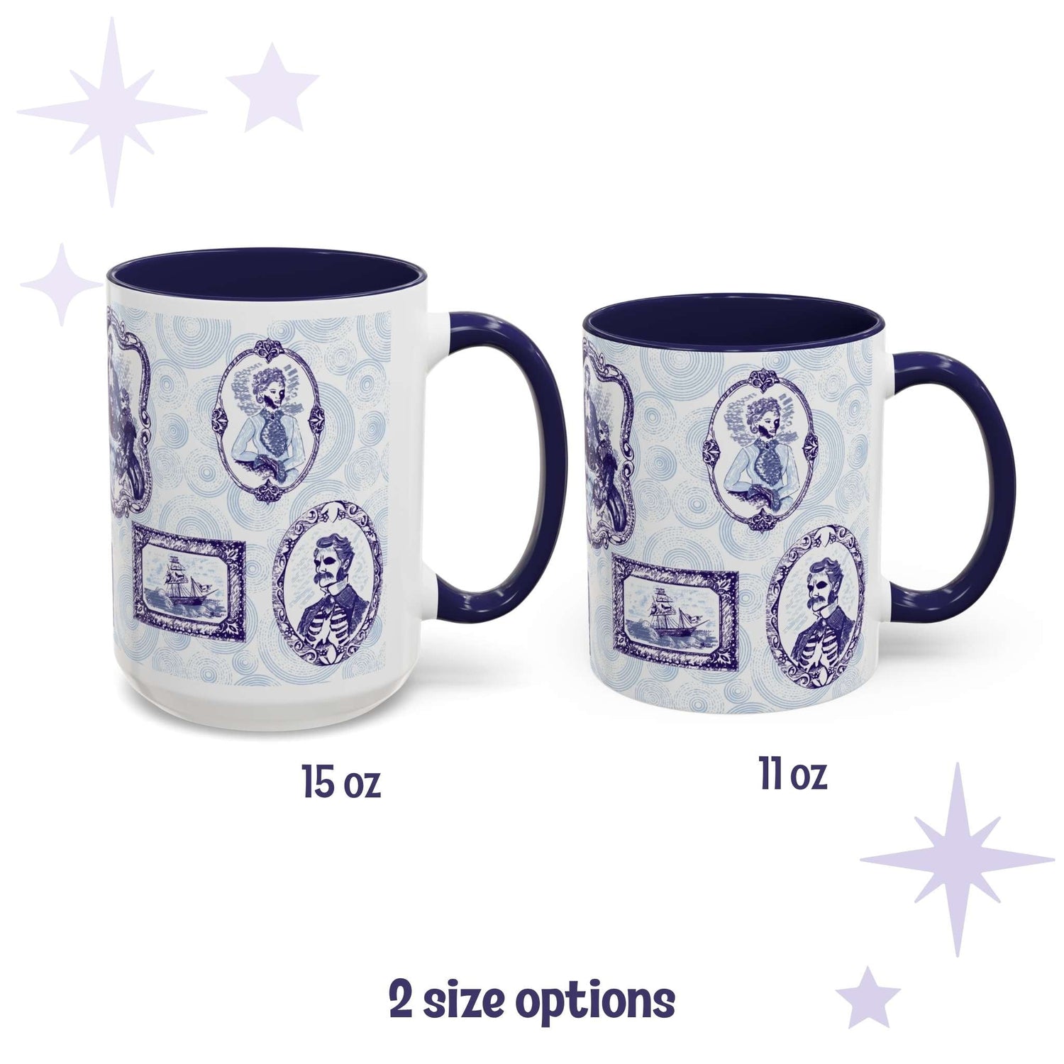 Blue and white delft portrait gallery mugs in 15 oz and 11 oz sizes with skeletal Victorian cameos and a ghost ship