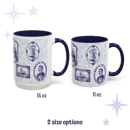 Blue and white delft portrait gallery mugs in 15 oz and 11 oz sizes with skeletal Victorian cameos and a ghost ship