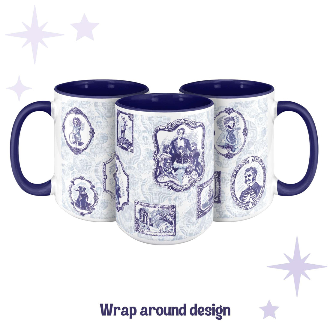 Three blue and white delft portrait mugs showing the full wrap-around zombie gallery design