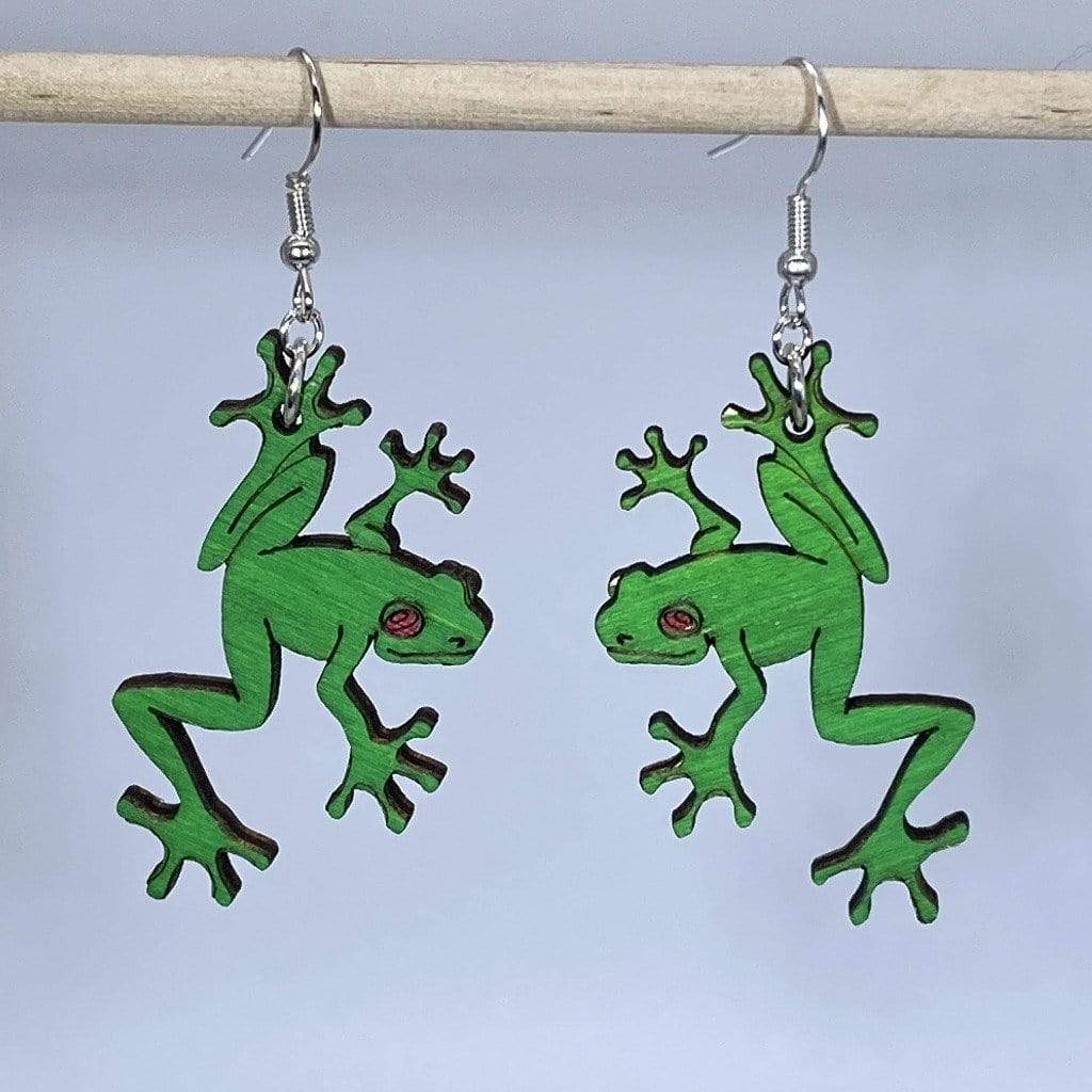 Green Rainforest Tree Frogs Wooden Dangle Earrings - - Cate&