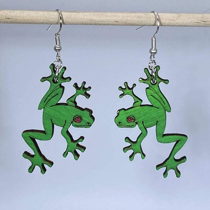 Green Rainforest Tree Frogs Wooden Dangle Earrings - - Cate&