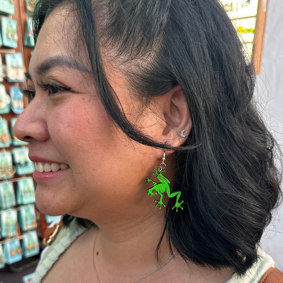 Green Rainforest Tree Frogs Wooden Dangle Earrings - Cate&