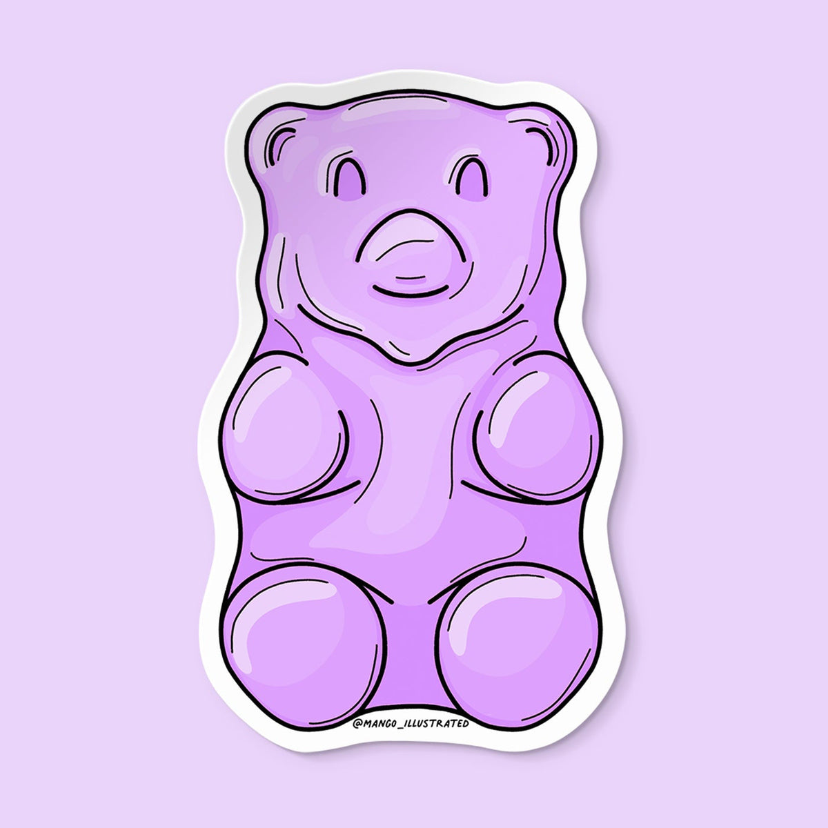 Sticker of a purple gummy bear on a light purple background