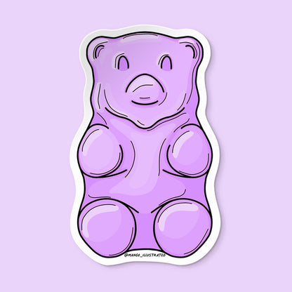 Sticker of a purple gummy bear on a light purple background