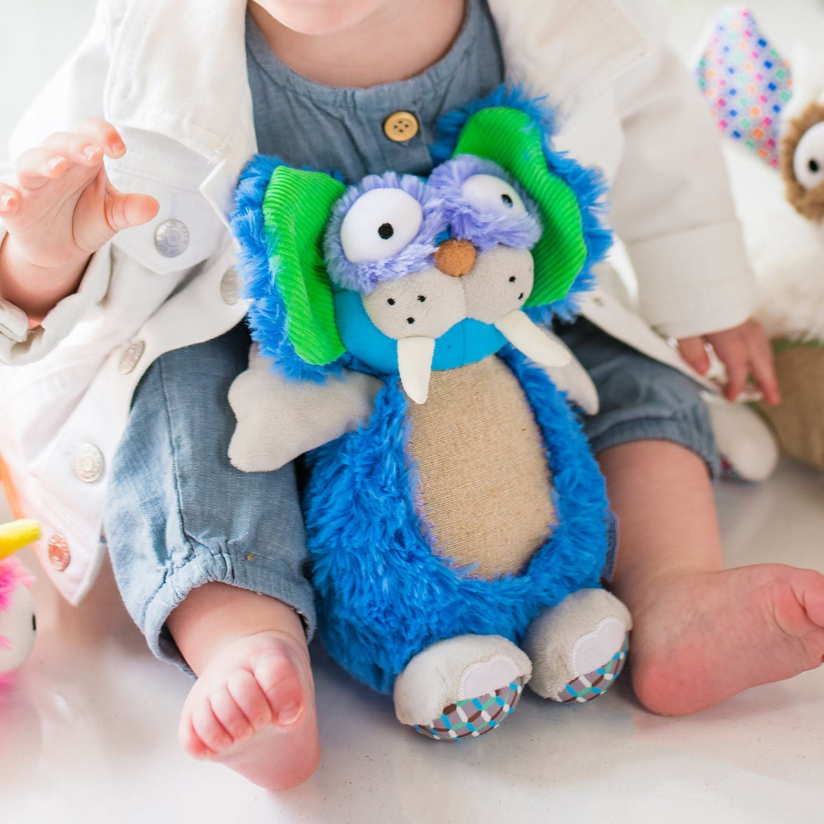 Gus the Toothy Tusked Rus Inklings Baby plush toy – neon blue green purple sensory stuffed animal with crinkle ears for newborns- baby feet and plush toy