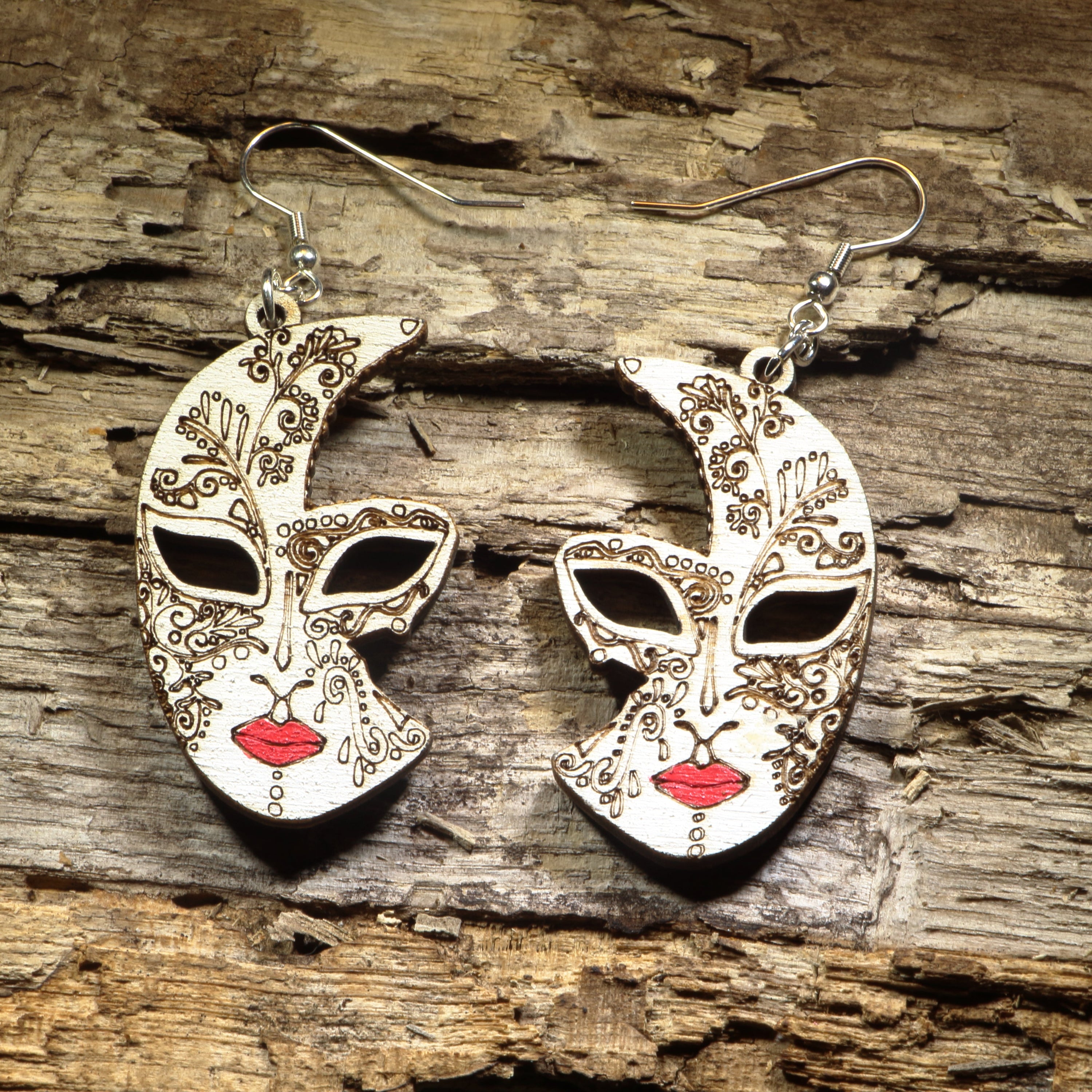 Venetian Half Mask Wooden Dangle Earrings | Masquerade Jewelry