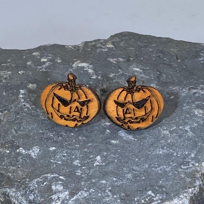 Halloween Jack-O-Lantern Wooden Dangle Earrings - Stud - Cate&