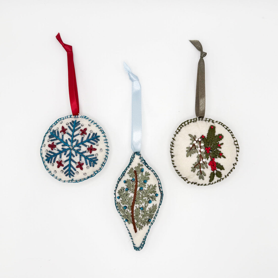 set of 3 ornaments embroidered by hand for Holiday with ribbon strings, ethically made, lay flat