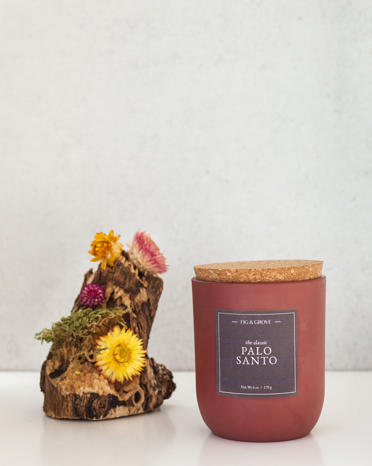 Fig &amp; Grove Palo Santo soy wax candle, a calming, grounding scent.