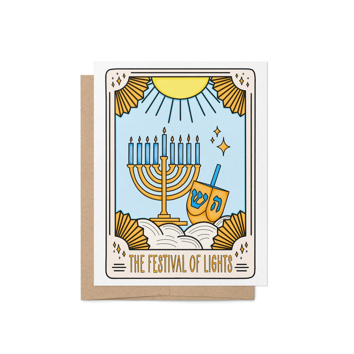 Hanukkah Tarot Card greeting card — tarot-style menorah and dreidel illustration in blue and gold with celestial art deco detail, 4.25 x 5.5 inch folded card, by MangoIllustrated