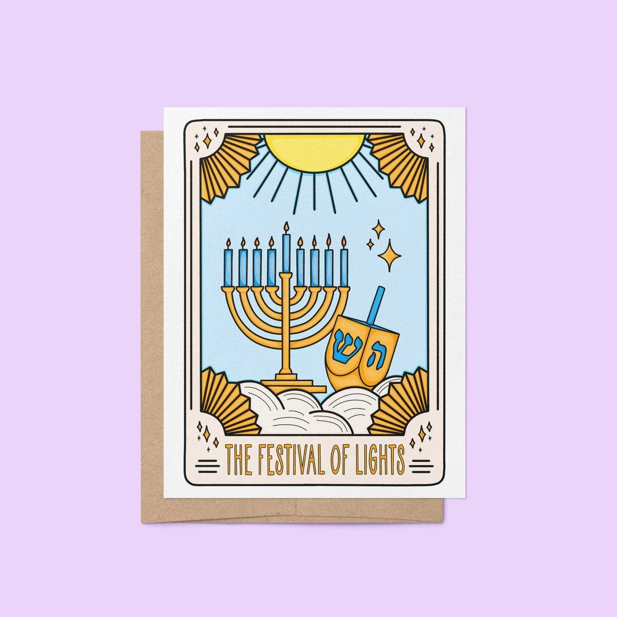 Hanukkah Tarot Card greeting card flat lay — Festival of Lights card styled on a desk by indie artist MangoIllustrated