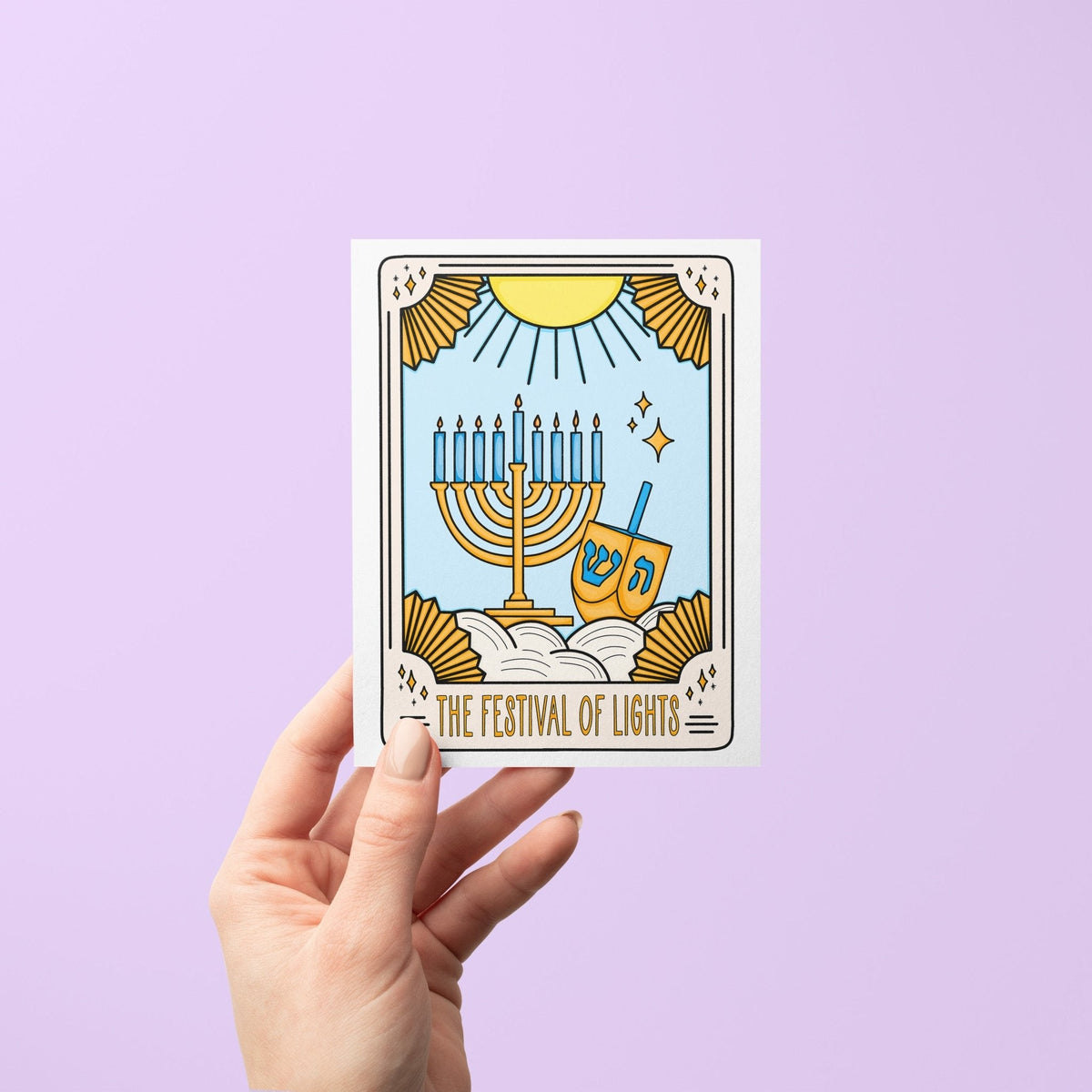 Hanukkah Tarot Card greeting card with A2 kraft envelope — modern Jewish holiday card with a glowing menorah by indie artist MangoIllustrated