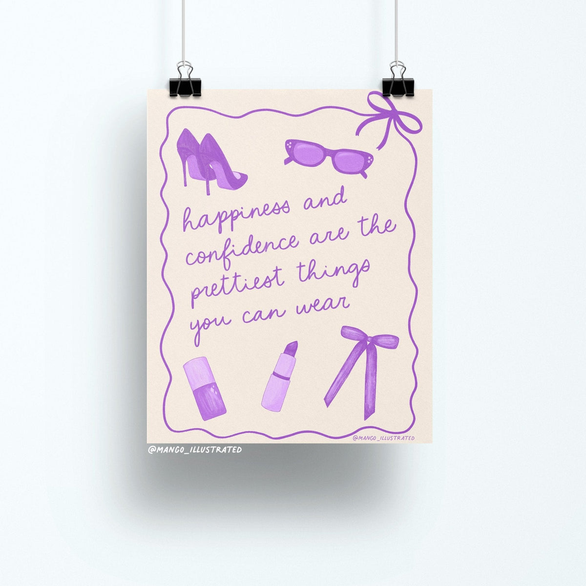 Happiness and Confidence art print flat lay — purple fashion wall art on matte art paper, by indie artist MangoIllustrated