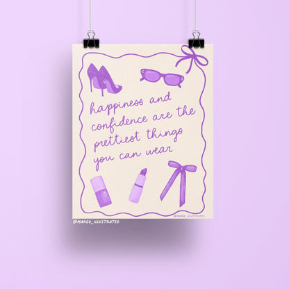 Happiness and Confidence art print — purple illustrations of heels, sunglasses, lipstick, nail polish and a bow with a hand lettered quote, 8 x 10 in, by MangoIllustrated