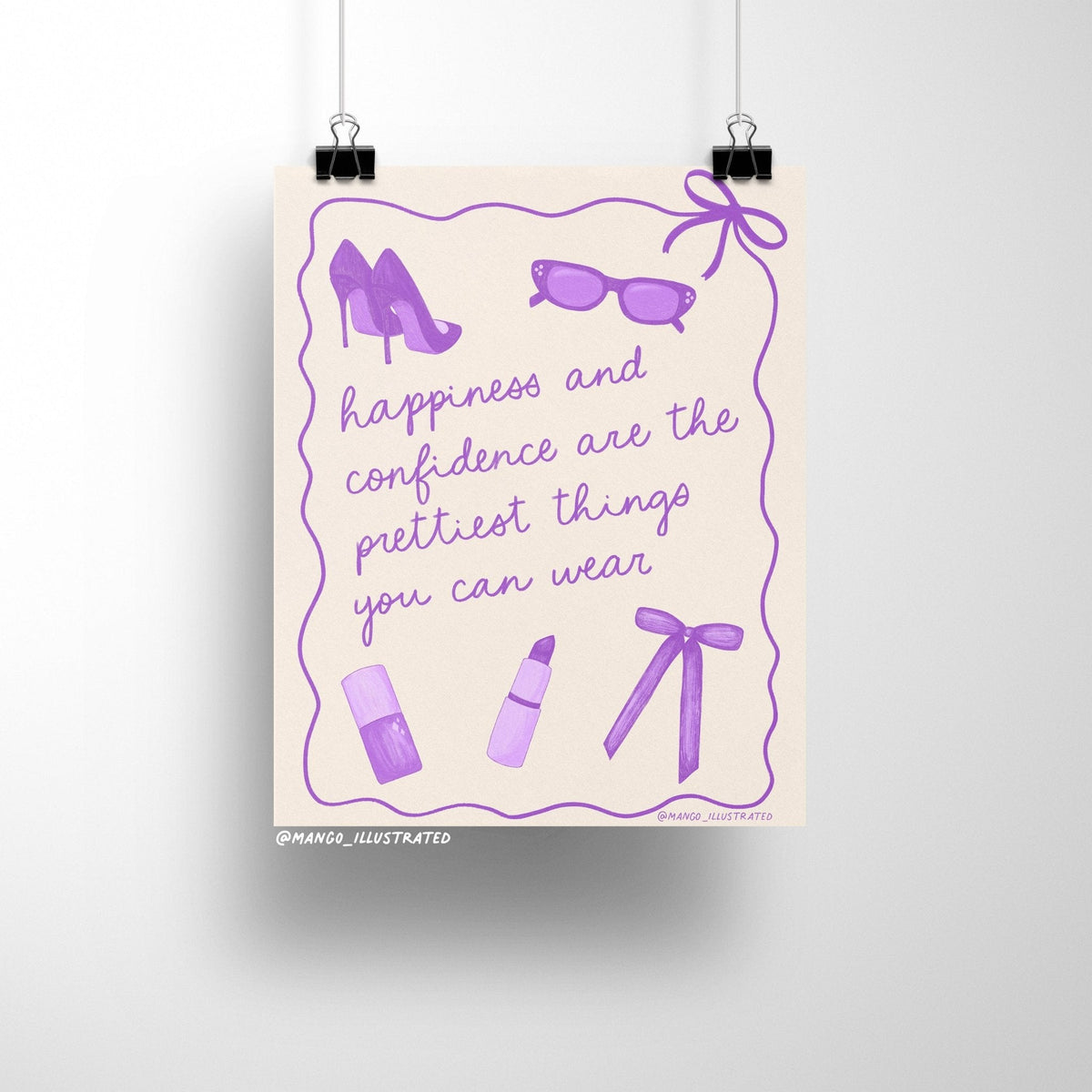 Happiness and Confidence art print detail — close up of the hand lettered quote lettering in purple, by indie artist MangoIllustrated