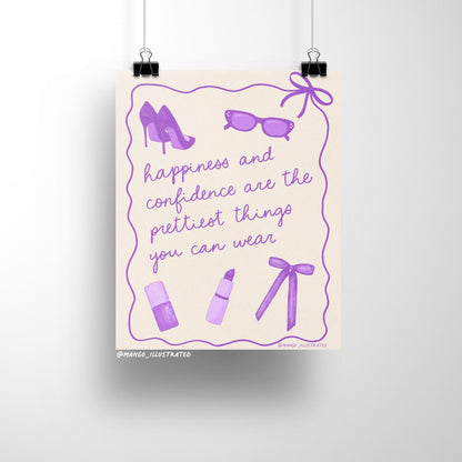 Happiness and Confidence art print detail — close up of the hand lettered quote lettering in purple, by indie artist MangoIllustrated