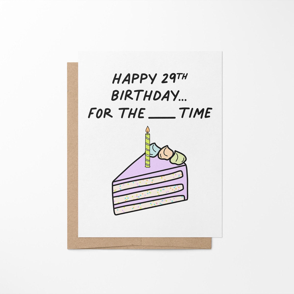 Happy 29th birthday again fill in the blank birthday card alternate view — funfetti cake slice artwork by indie artist MangoIllustrated
