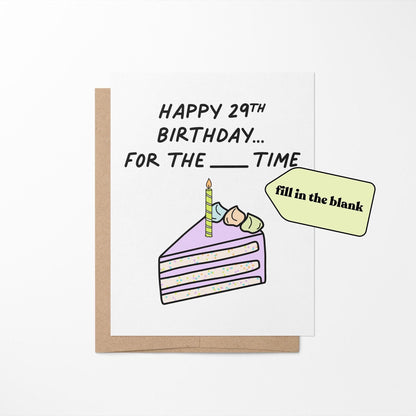 Happy 29th birthday again fill in the blank birthday card in a cello sleeve — sarcastic birthday card packaging by indie artist MangoIllustrated