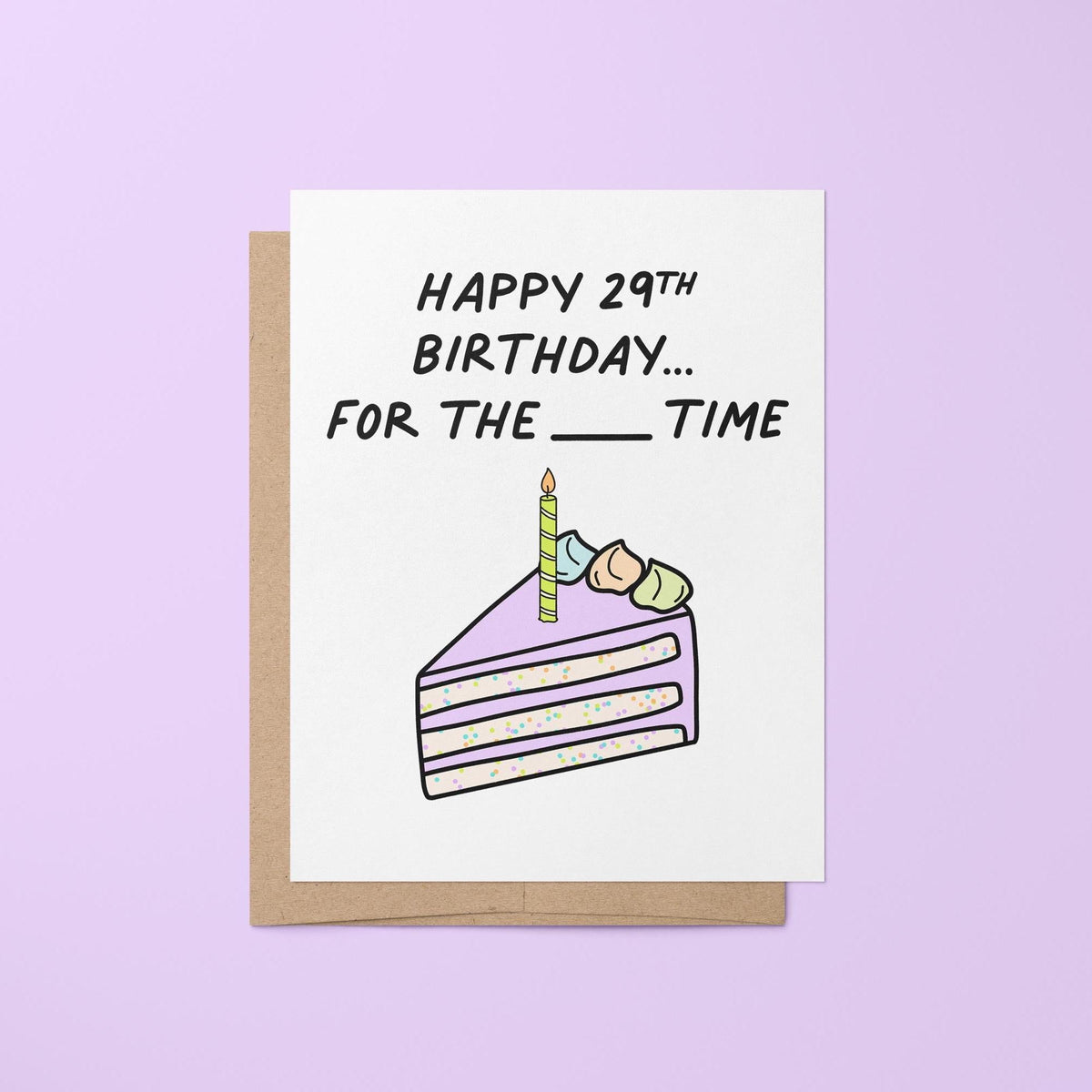 Happy 29th birthday again fill in the blank birthday card flat lay — snarky illustrated birthday card by indie artist MangoIllustrated