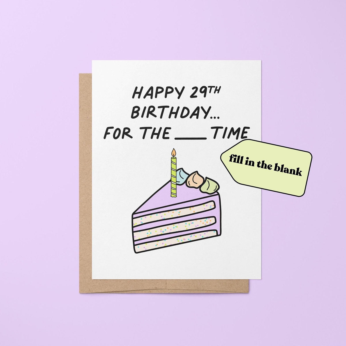 Happy 29th birthday again fill in the blank birthday card detail — fill in the blank lettering close up by indie artist MangoIllustrated