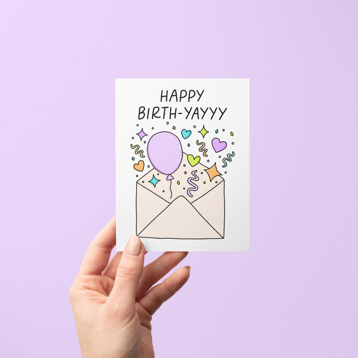 Happy Birth-yayyy birthday card with A2 kraft envelope — colorful birthday card and kraft envelope set, by indie artist MangoIllustrated