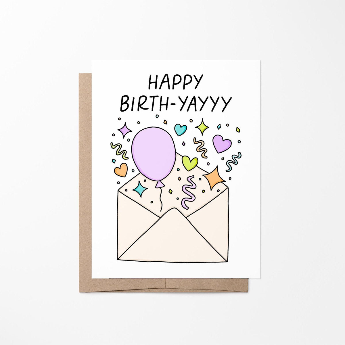 Happy Birth-yayyy birthday card flat lay — cute doodle birthday card styled on a desk, by indie artist MangoIllustrated