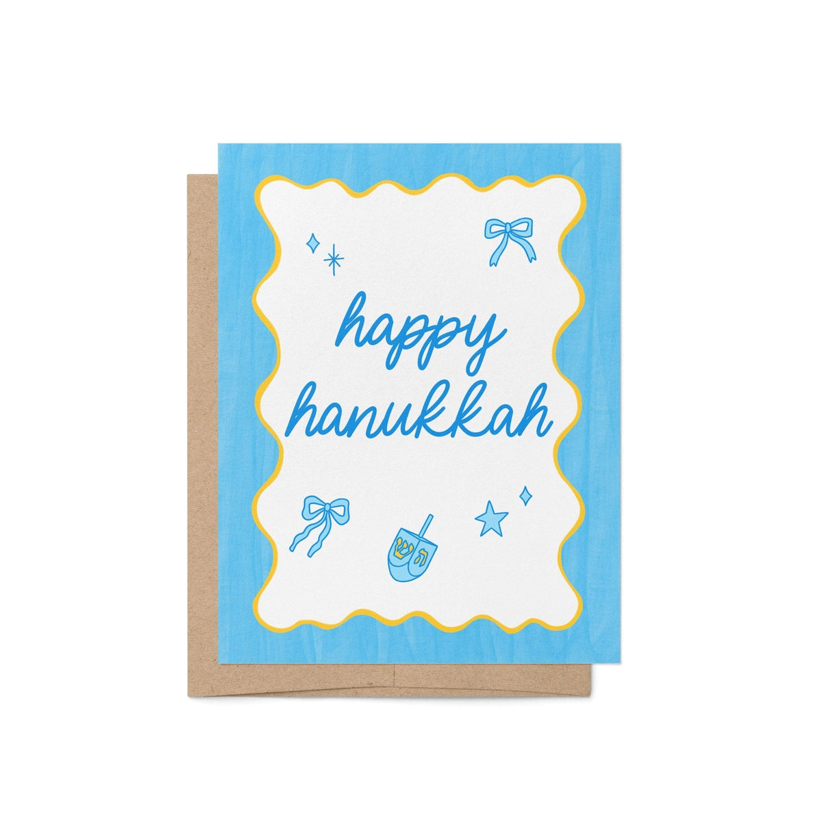 Happy Hanukkah Greeting Card — blue hand lettering with a yellow wavy border and dreidel, star and bow illustrations, 4.25 x 5.5 inch folded card, by MangoIllustrated