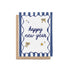 Happy New Year greeting card with navy blue text, gold bow and star illustrations, and bold navy and white stripes. Includes kraft envelope.