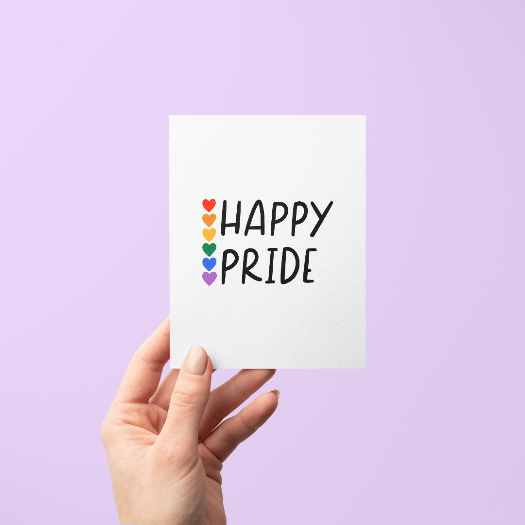 Happy Pride hearts card with A2 kraft envelope — rainbow heart design by indie artist MangoIllustrated